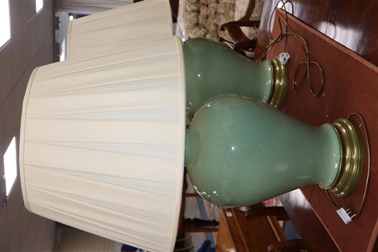 Two modern Chinese celadon vase table lamps with silk shades